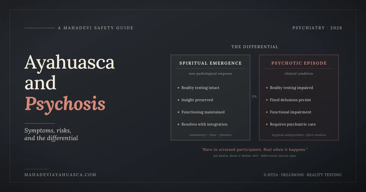 Comparison diagram for ayahuasca and psychosis safety guide differentiating spiritual emergence from psychotic episode