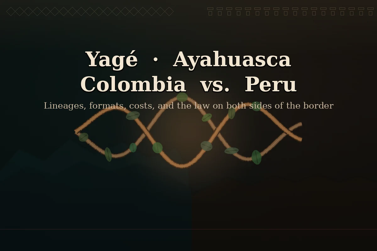 Ayahuasca Colombia vs Peru comparison: yagé tradition of Putumayo and Sierra Nevada beside the Shipibo-led Amazon scene of Peru.