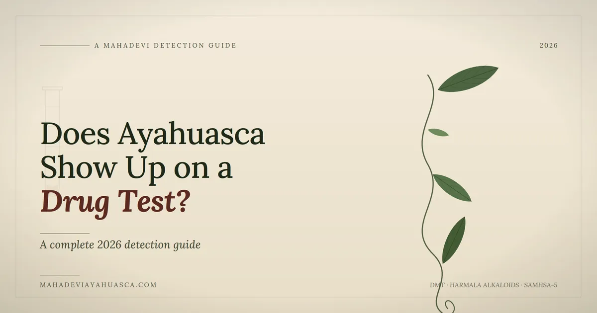 Editorial cover for an ayahuasca drug test detection guide with chacruna leaves and caapi vine