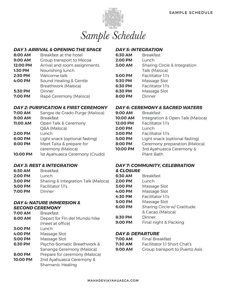 Sample schedule of an ayahuasca retreat in Colombia showing ceremonies and integration