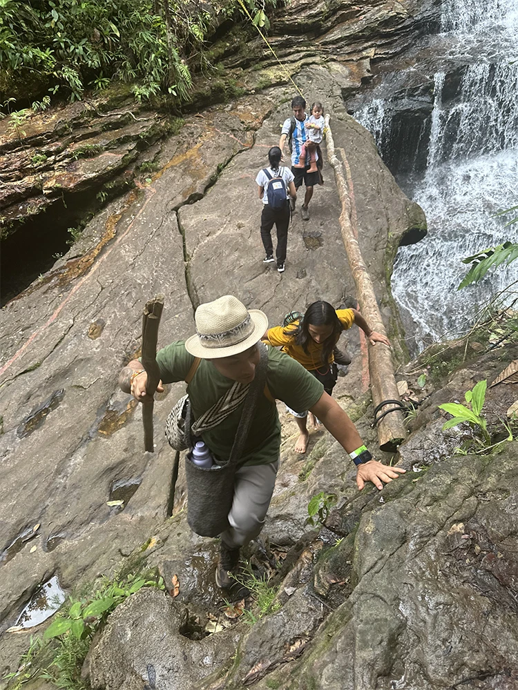 Guided movement near waterfall as part of travel preparation for ayahuasca retreat