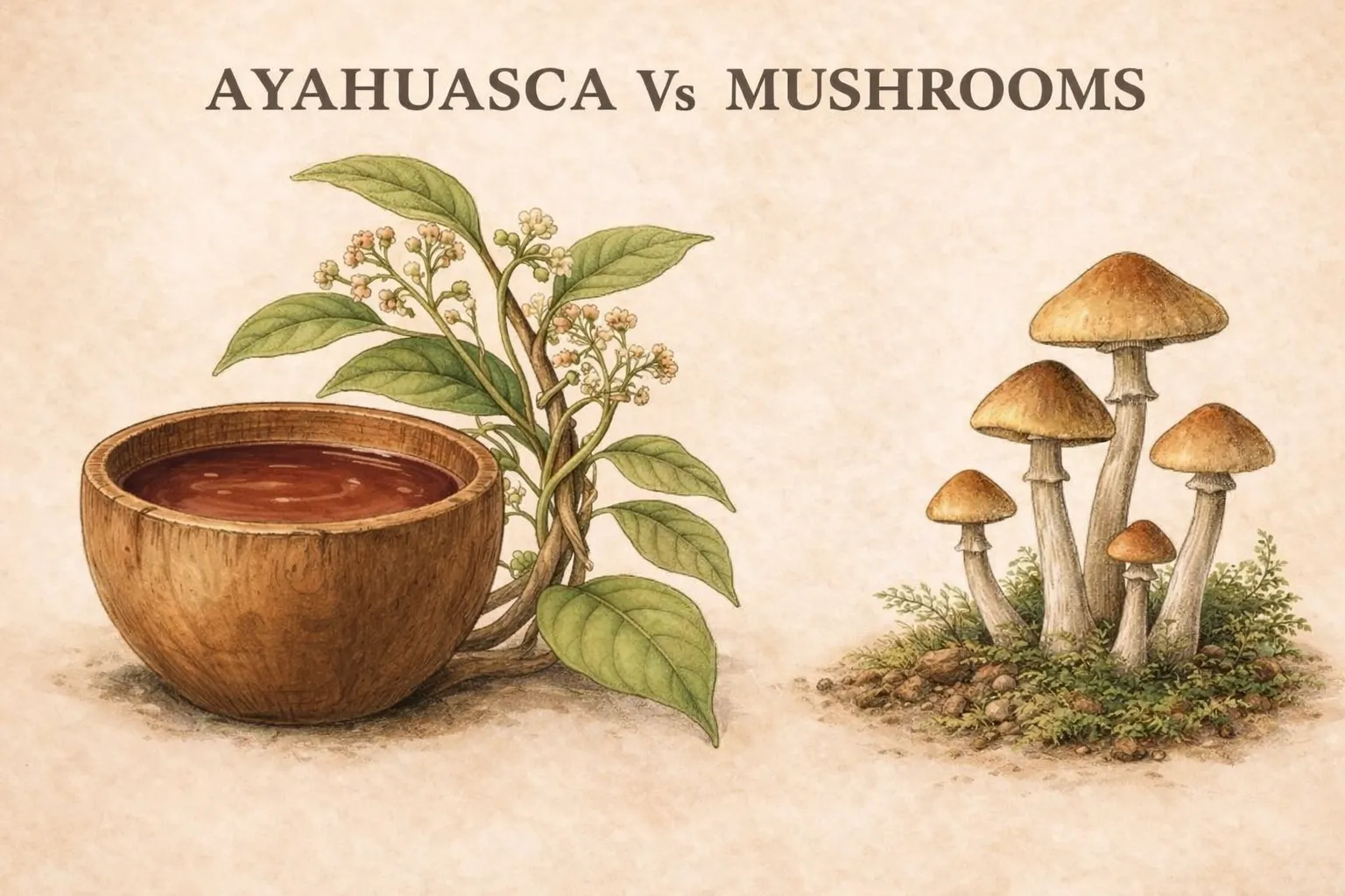 Ayahuasca vs mushrooms: botanical illustration showing ayahuasca brew in a wooden bowl with Banisteriopsis caapi vine and psilocybin mushrooms side by side
