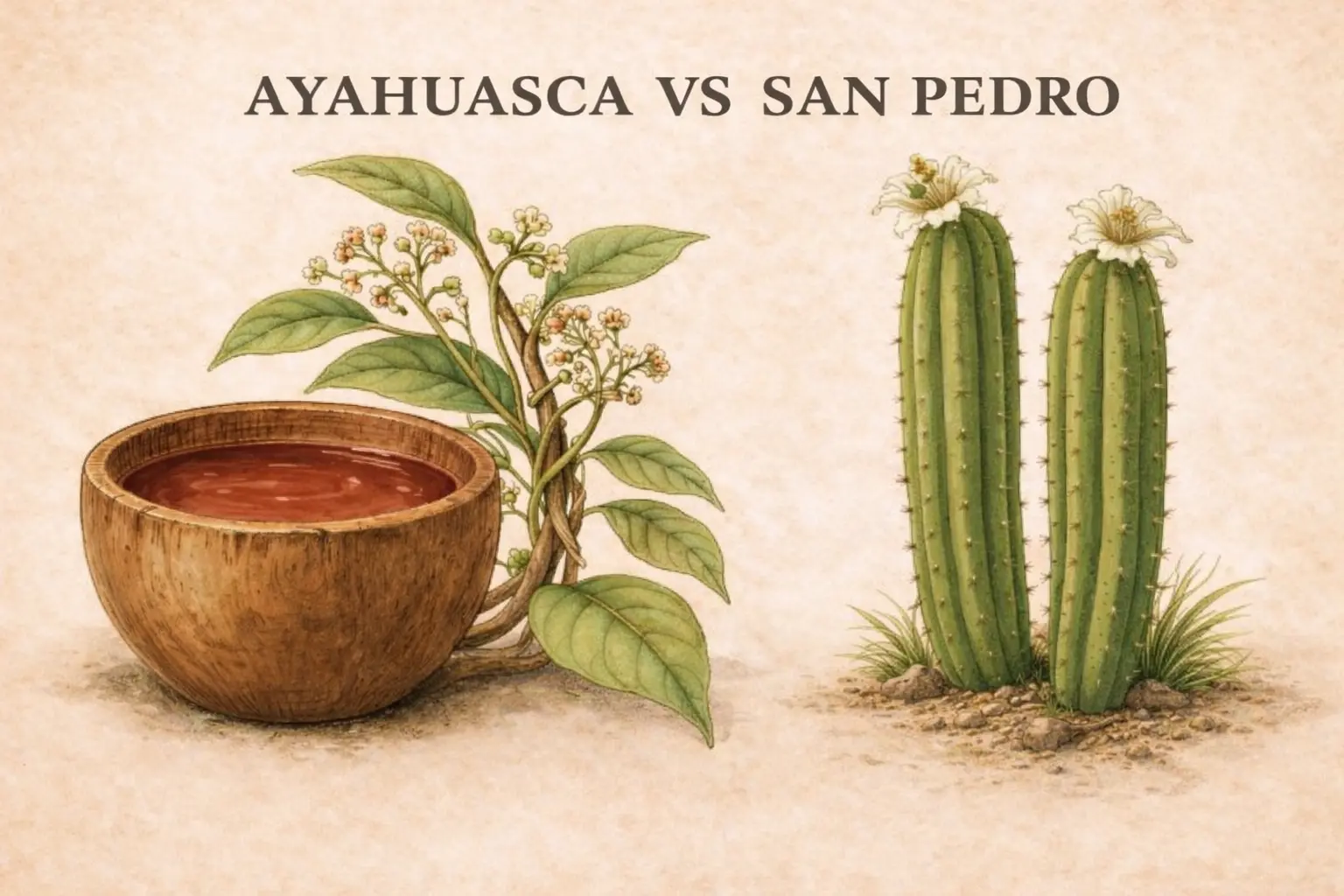 Ayahuasca vs San Pedro sacred plant medicine comparison — wooden bowl with ayahuasca brew beside Banisteriopsis caapi vine and San Pedro cactus botanical illustration