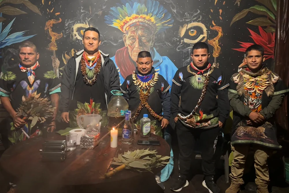 Indigenous Cam̈sá yagé healers with Taita Miguel and assistants at Mahadevi Ayahuasca Retreat in Colombia