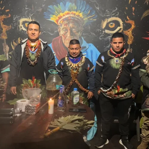 Indigenous Cam̈sá yagé healers with Taita Miguel and assistants at Mahadevi Ayahuasca Retreat in Colombia