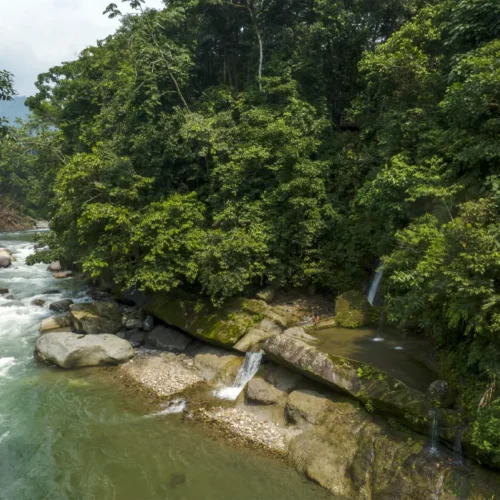 River and small waterfall surrounded by dense forest near an ayahuasca retreat in Putumayo, Colombia.