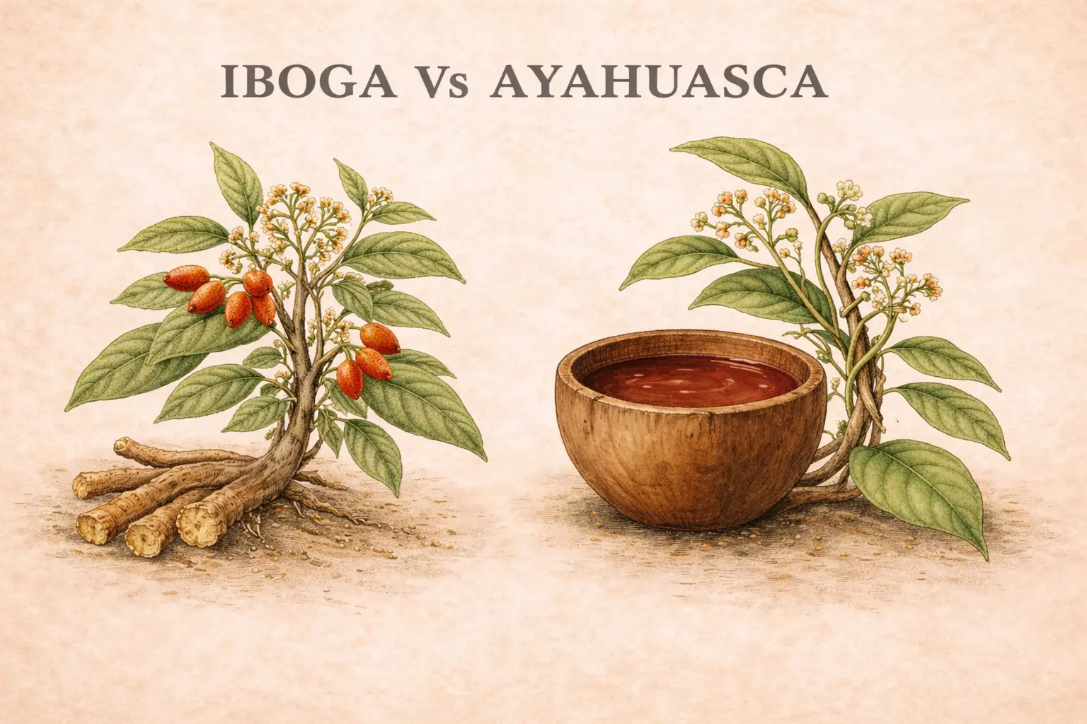 ibogaine vs ayahuasca comparison — iboga root bark plant and ayahuasca ceremonial brew bowl
