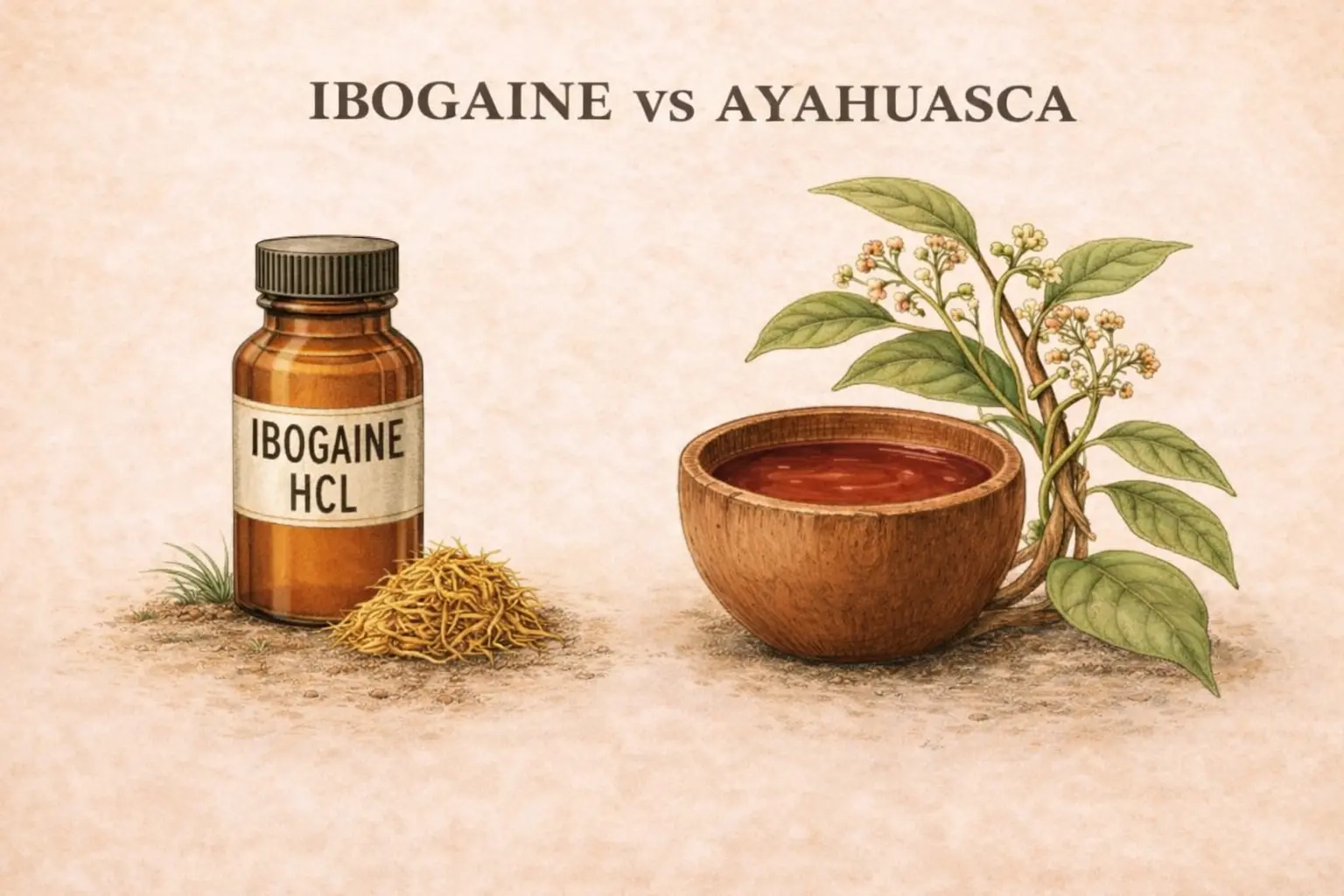 ibogaine vs ayahuasca comparison — iboga root bark plant and ayahuasca ceremonial brew bowl