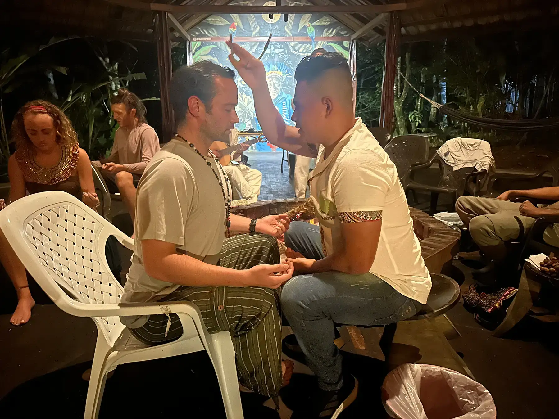 Rapé ceremony at MahaDevi — sacred tobacco medicine ritual before Yagé ceremony in Putumayo Colombia