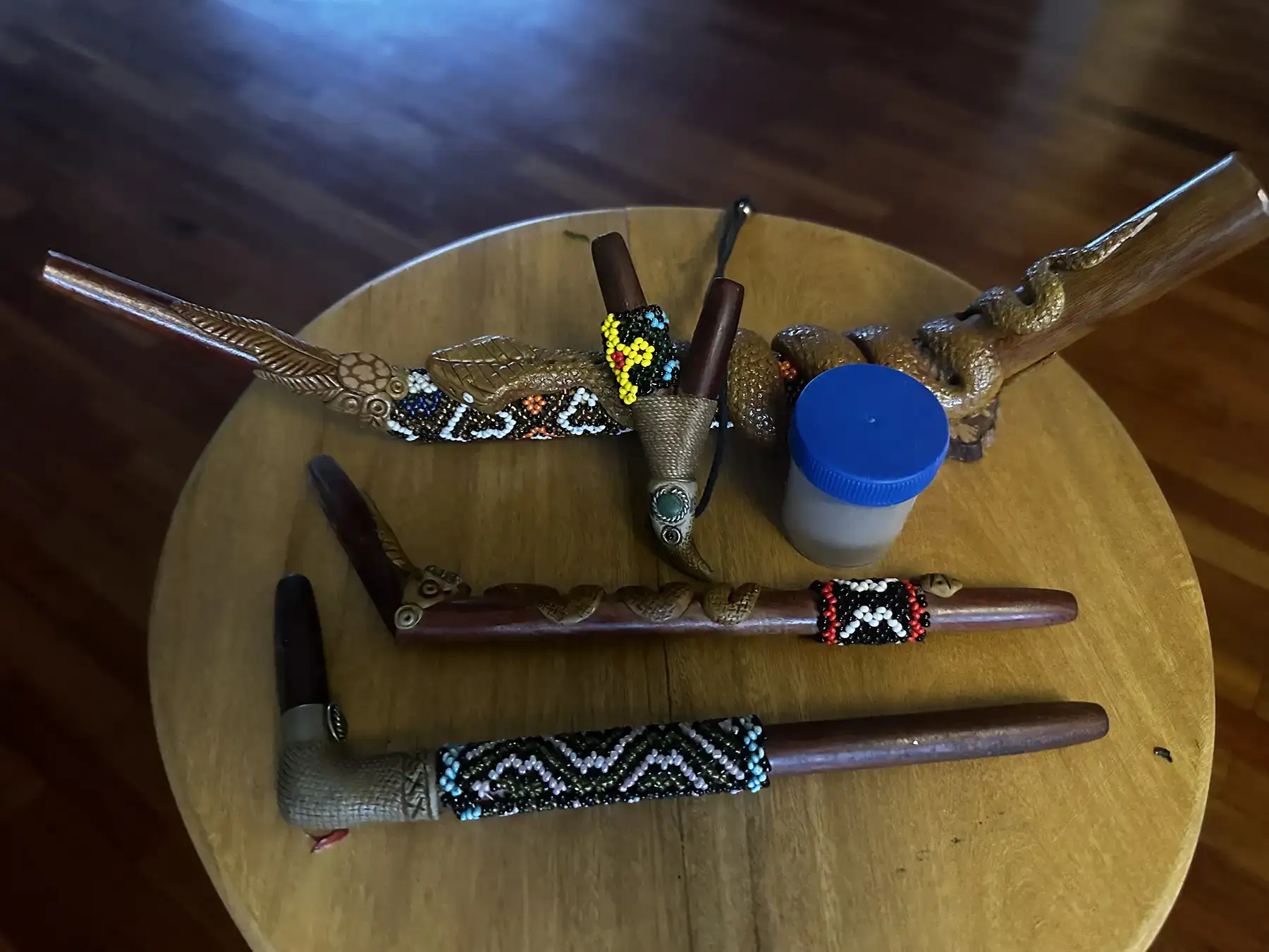 Traditional Kuripe and Tepi pipes used for rapé (rapeh / hape) medicine in Amazonian ceremonies at Mahadevi Ayahuasca Yagé retreat