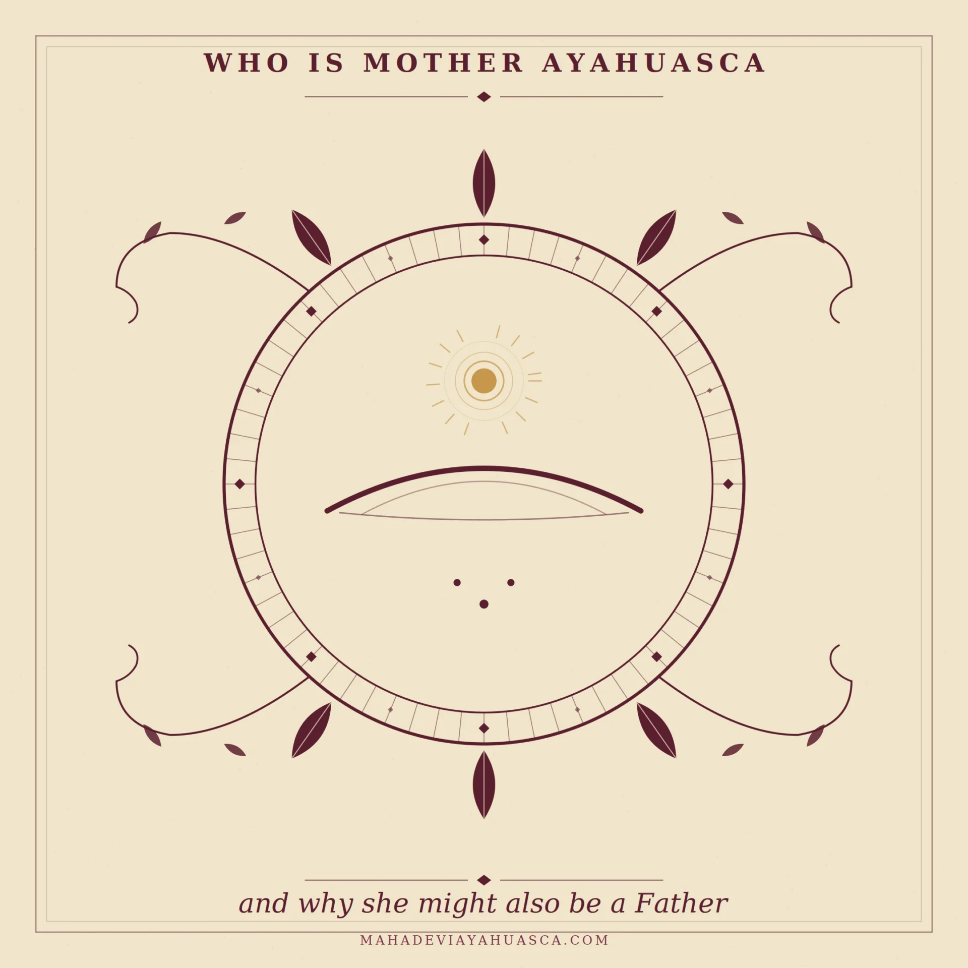 Mother Ayahuasca symbolic illustration: closed eye, bindi, chacruna leaves and vine, in deep wine ink on parchment.