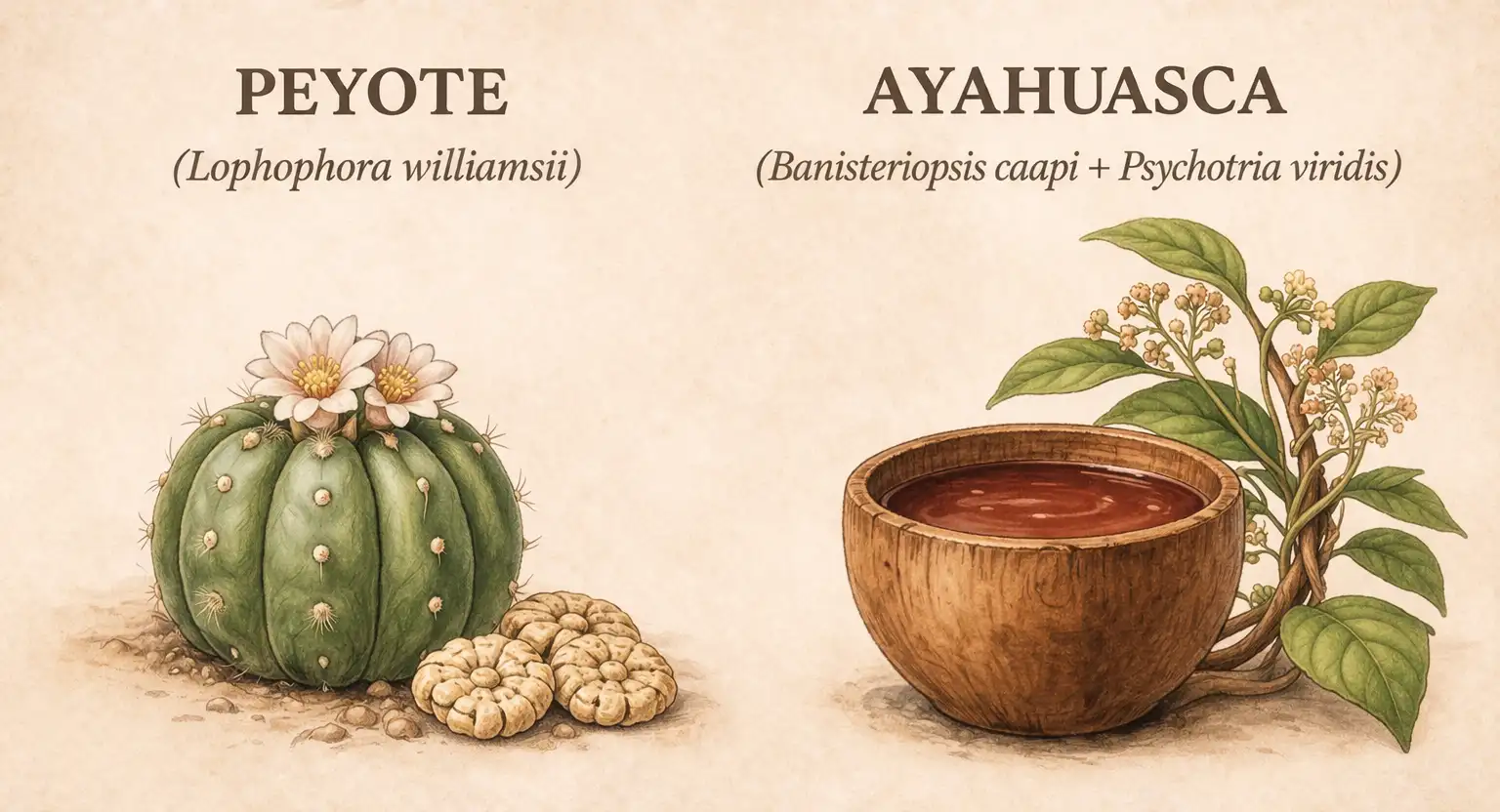 Peyote vs ayahuasca botanical comparison showing Lophophora williamsii cactus and traditional wooden brew cup