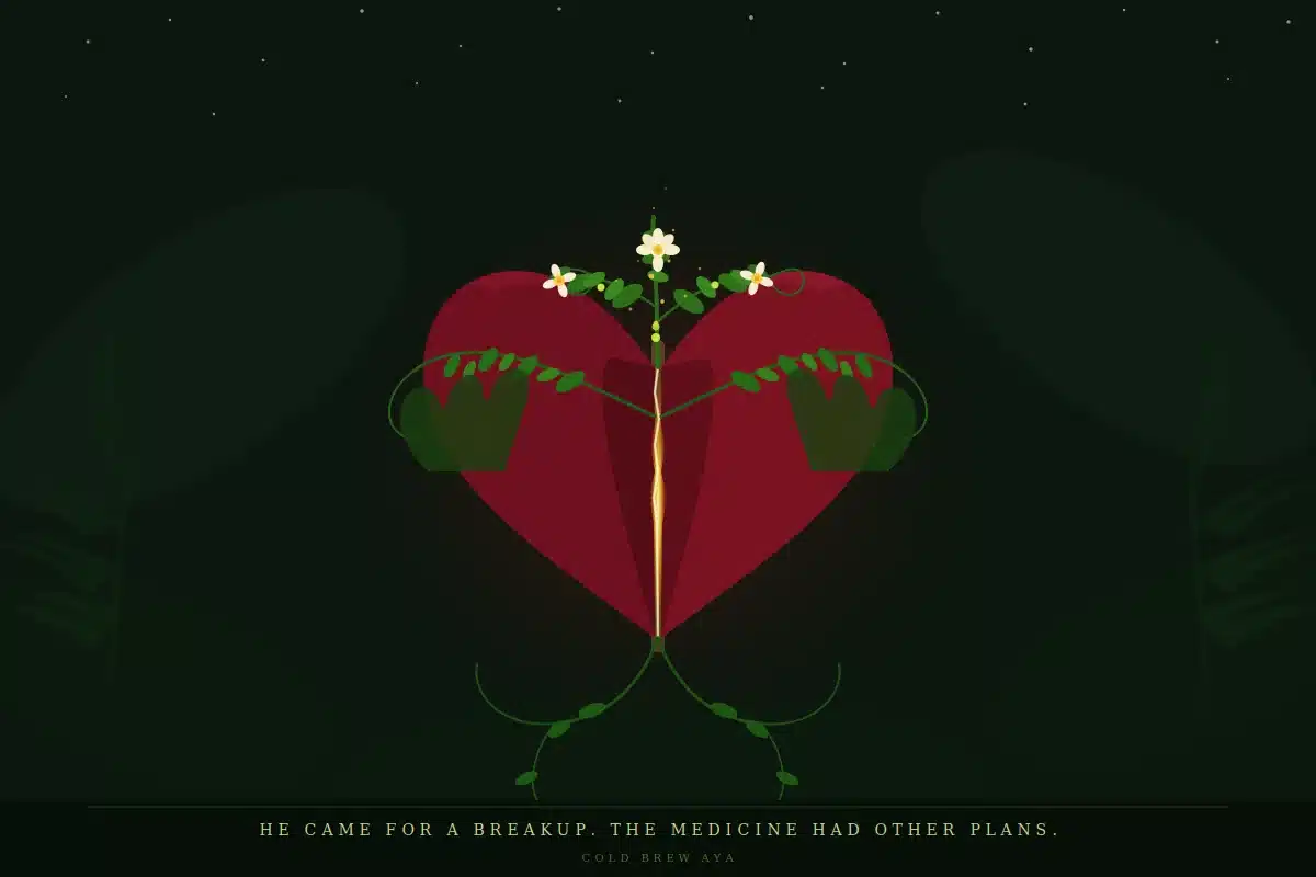 Maha Devi Ayahuasca | He Came for a Breakup. The Medicine Had Other Plans. Ayahuasca vine threading through a broken heart against a starry night sky, illustrating a Cold Brew Aya field story on healing autoimmune disease.